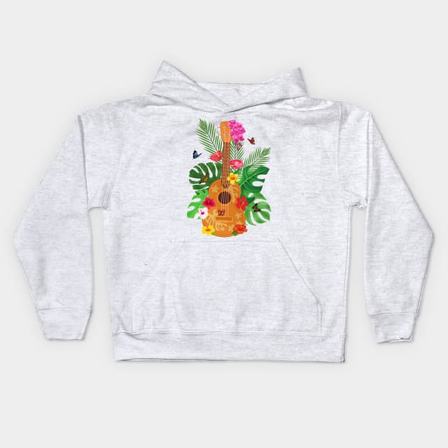 Hawaiian Ukulele Hibiscus Butterflies Kids Hoodie by soulfulprintss8